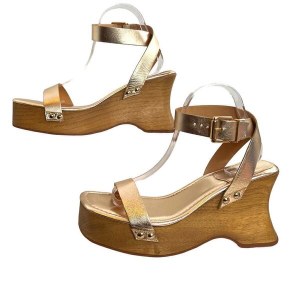 SCHUTZ Lansy Buckle Ankle Strap Wooden-sole Platform Sandals in Gold Size 9.5 - Picture 6 of 13